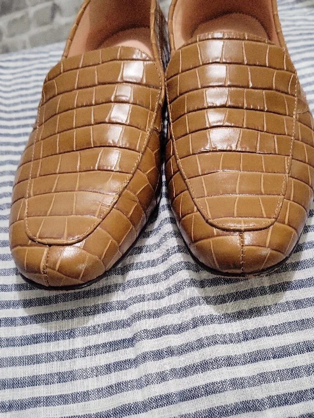 J. Crew Cecile Smoking Slipper Loafer Tan croc-embossed Womens Sz 7AQ740